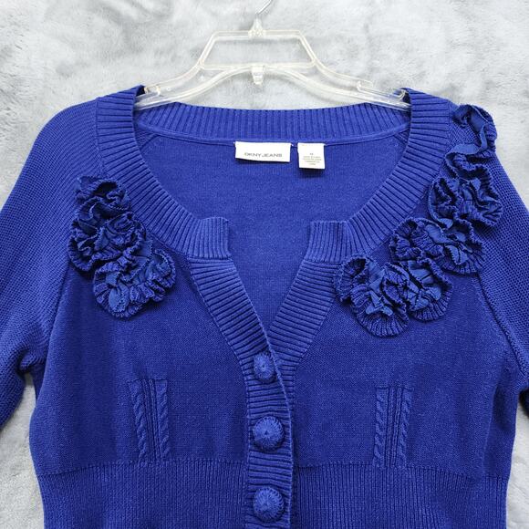 DKNY Sweater Womens M Blue 3 Button up Cardigan Embellished Detail Cotton Preppy - Picture 2 of 11